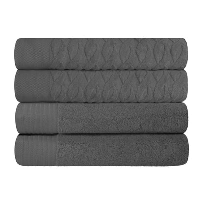 Premium Turkish Cotton Jacquard Herringbone and Solid 4-Piece Bath Towel Set - Grey