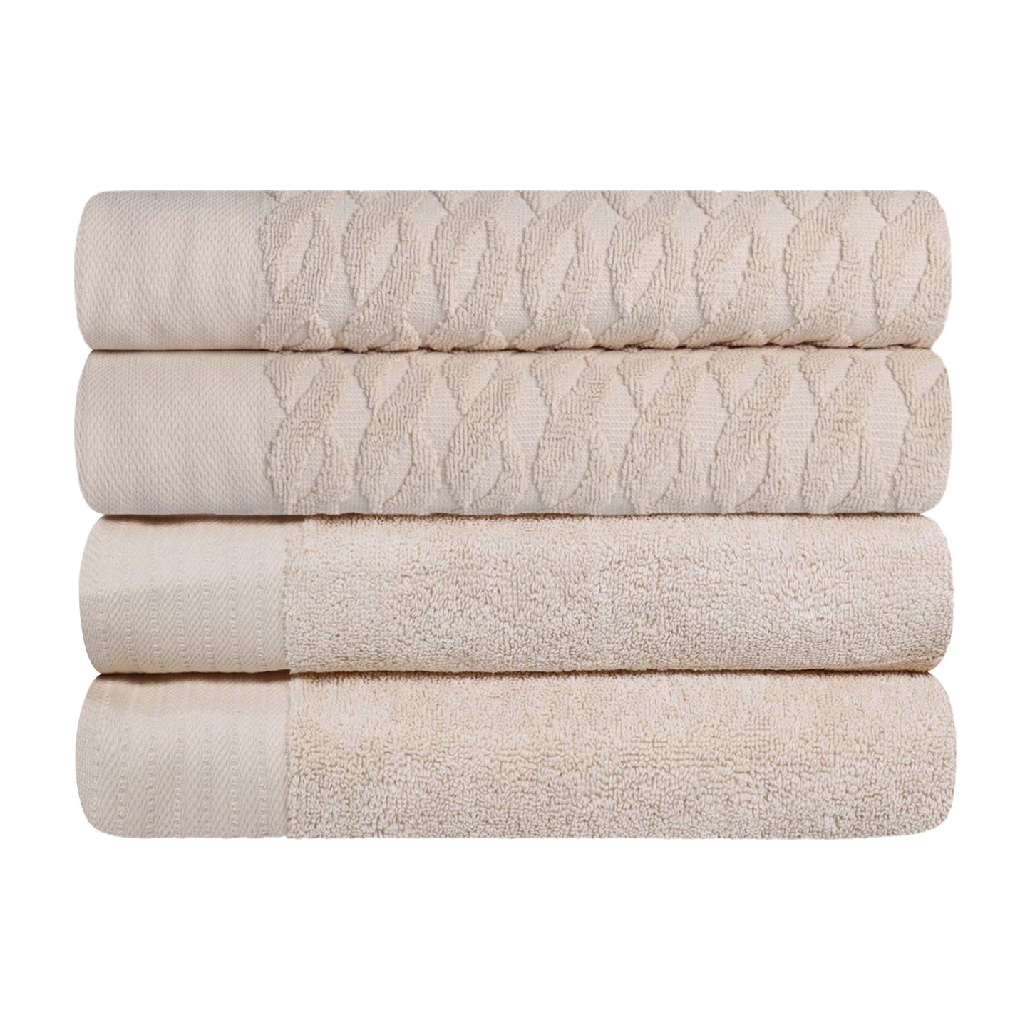 Premium Turkish Cotton Jacquard Herringbone and Solid 4-Piece Bath Towel Set -  Ivory