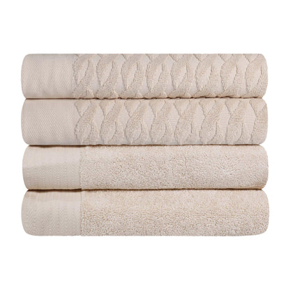 Premium Turkish Cotton Jacquard Herringbone and Solid 4-Piece Bath Towel Set -  Ivory