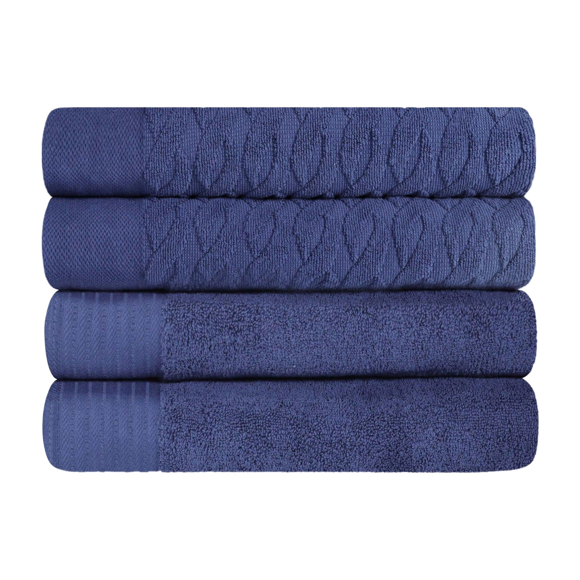 Premium Turkish Cotton Jacquard Herringbone and Solid 4-Piece Bath Towel Set - Navy Blue