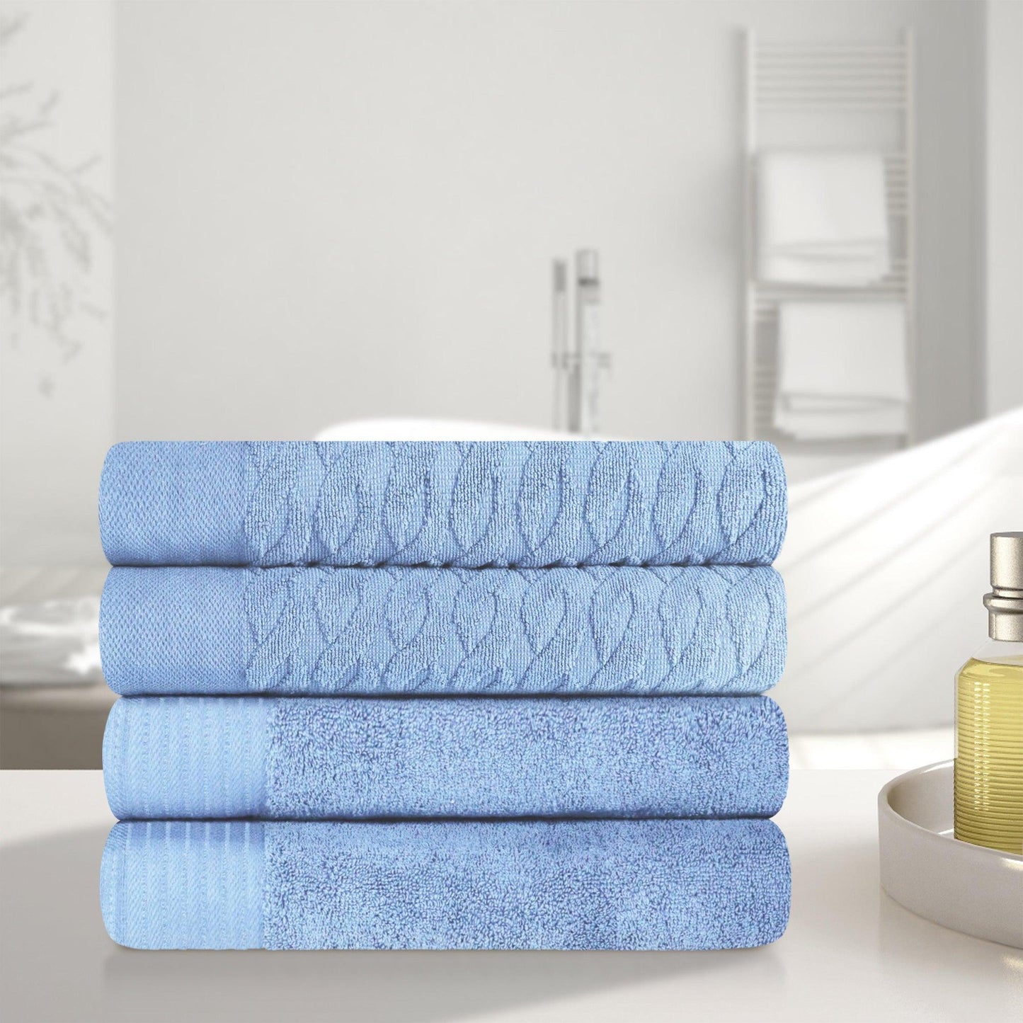 Premium Turkish Cotton Jacquard Herringbone and Solid 4-Piece Bath Towel Set - Pacific Blue