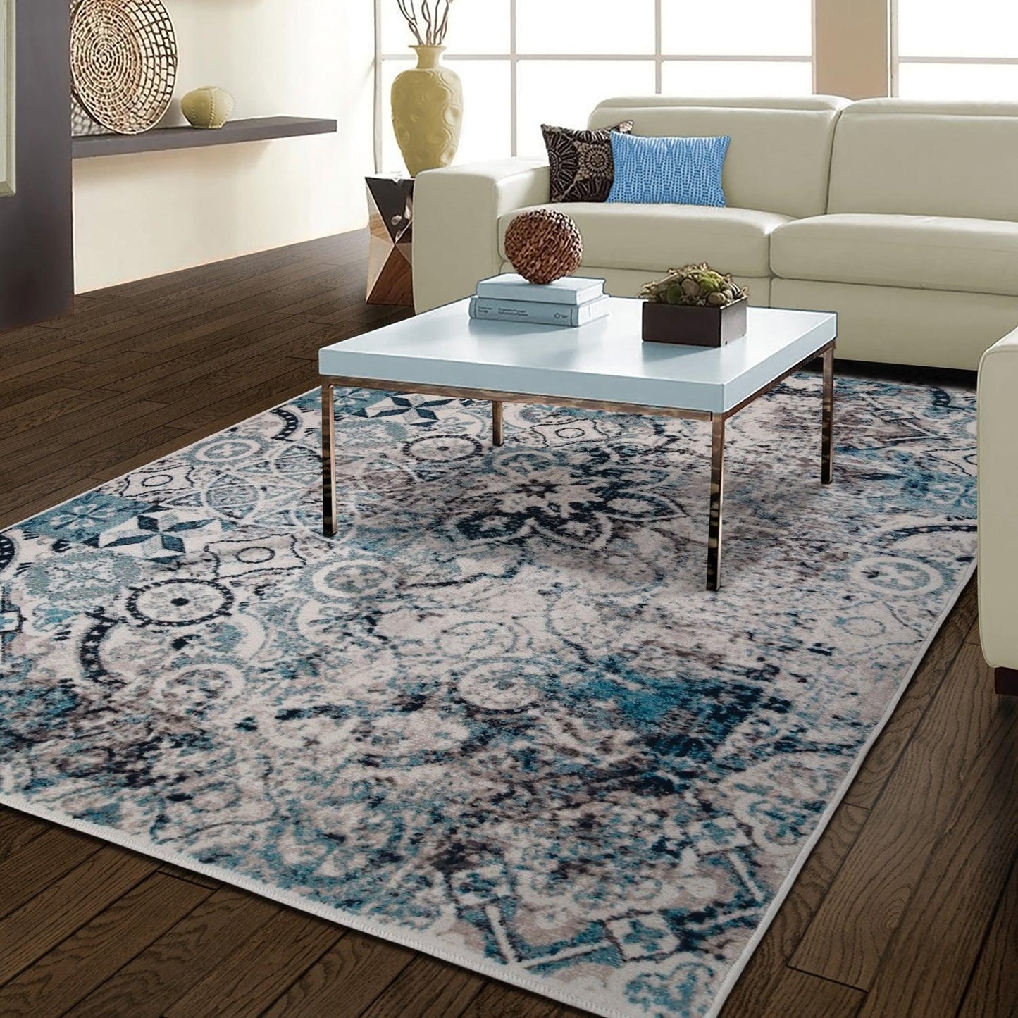 Distressed Floral Medallion Indoor Rug or Runner - Blue