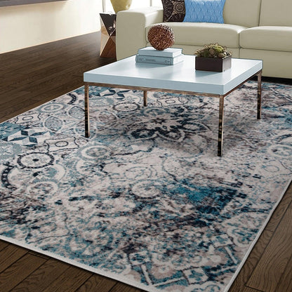 Distressed Floral Medallion Indoor Rug or Runner - Blue