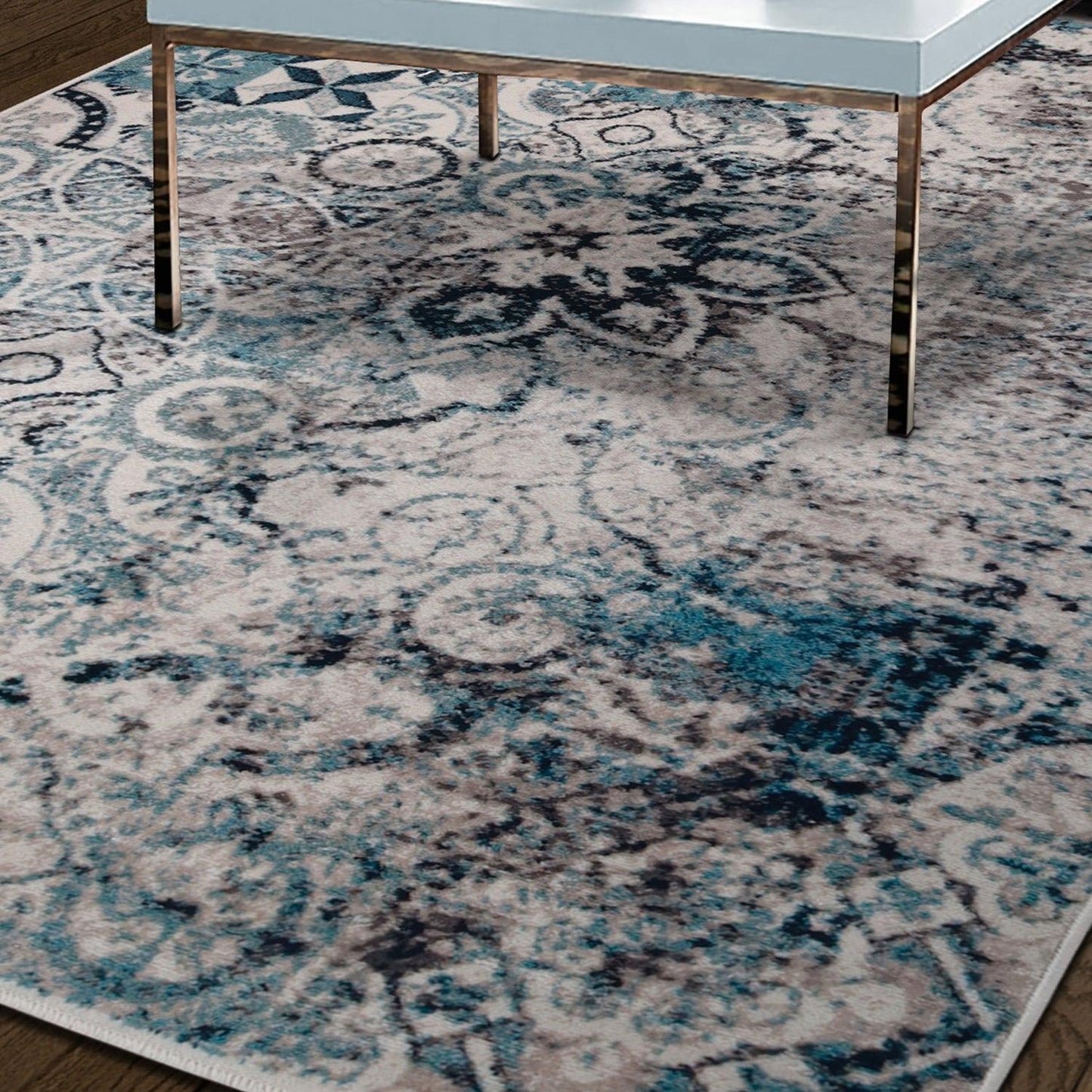 Distressed Floral Medallion Indoor Rug or Runner - Blue