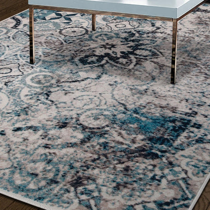 Distressed Floral Medallion Indoor Rug or Runner - Blue