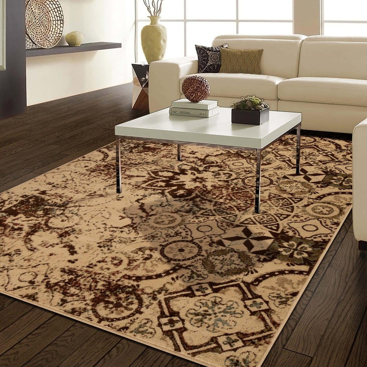 Distressed Floral Medallion Indoor Rug or Runner - Cream