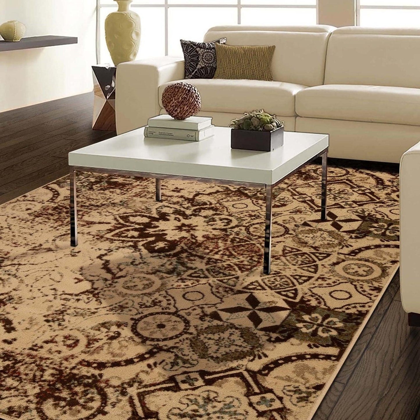 Distressed Floral Medallion Indoor Rug or Runner - Cream