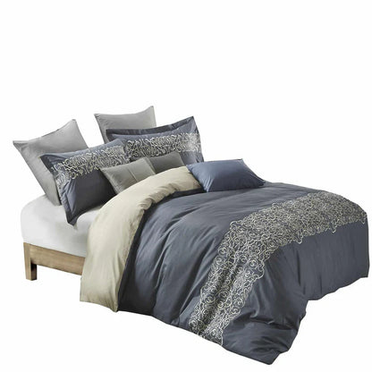 Harrison Embroidered Filigree Cotton Duvet Cover Set - Gray