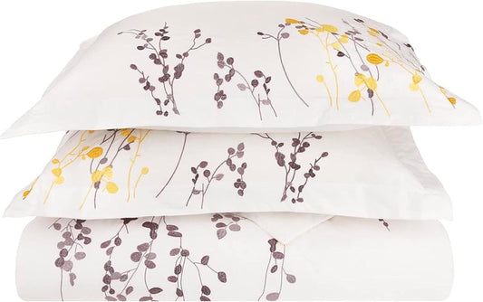 Reed Embroidered Floral Contemporary Duvet Cover Set - WHite