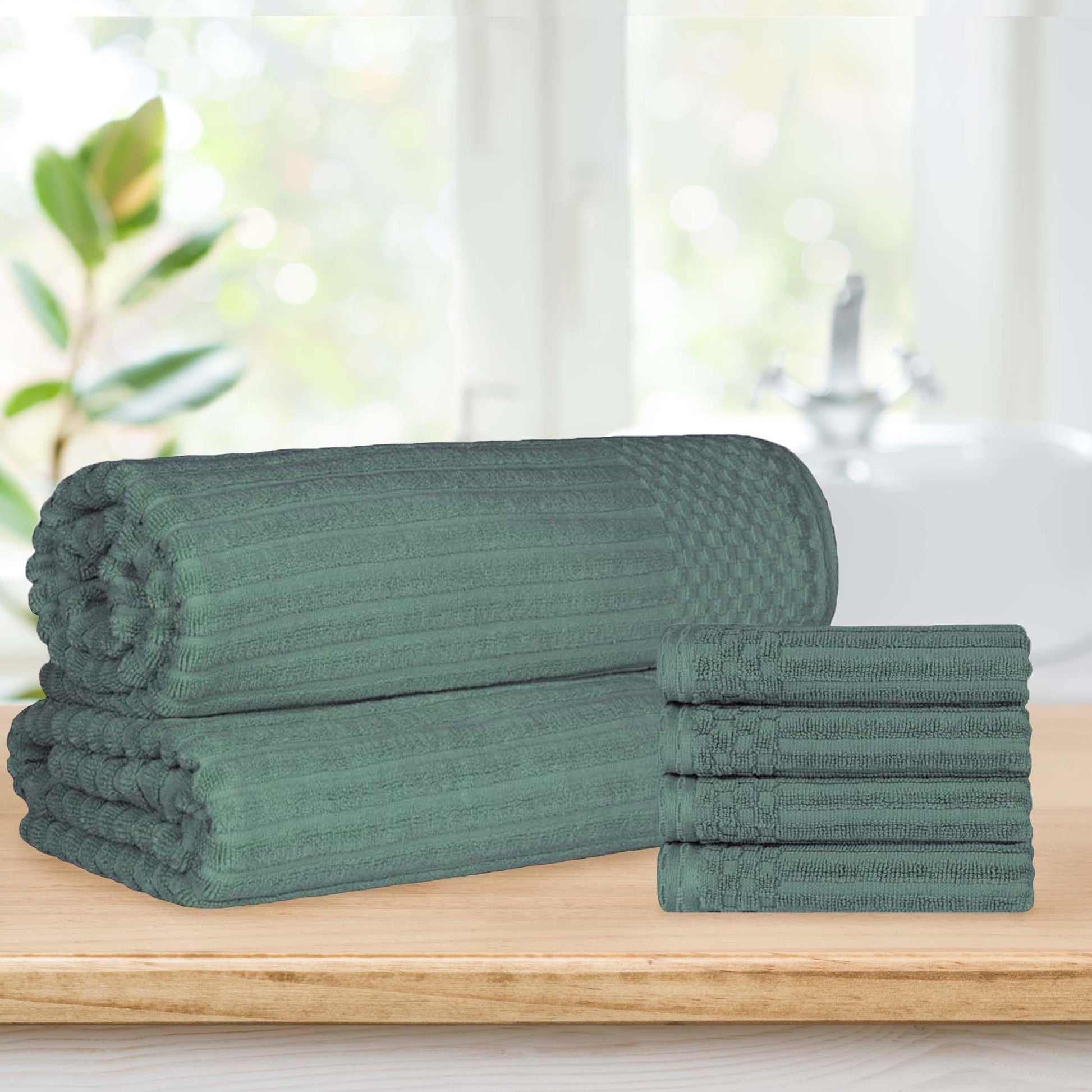 Superior Soho Ribbed Textured Cotton Ultra-Absorbent Hand Towel and Bath Sheet Set - Basil