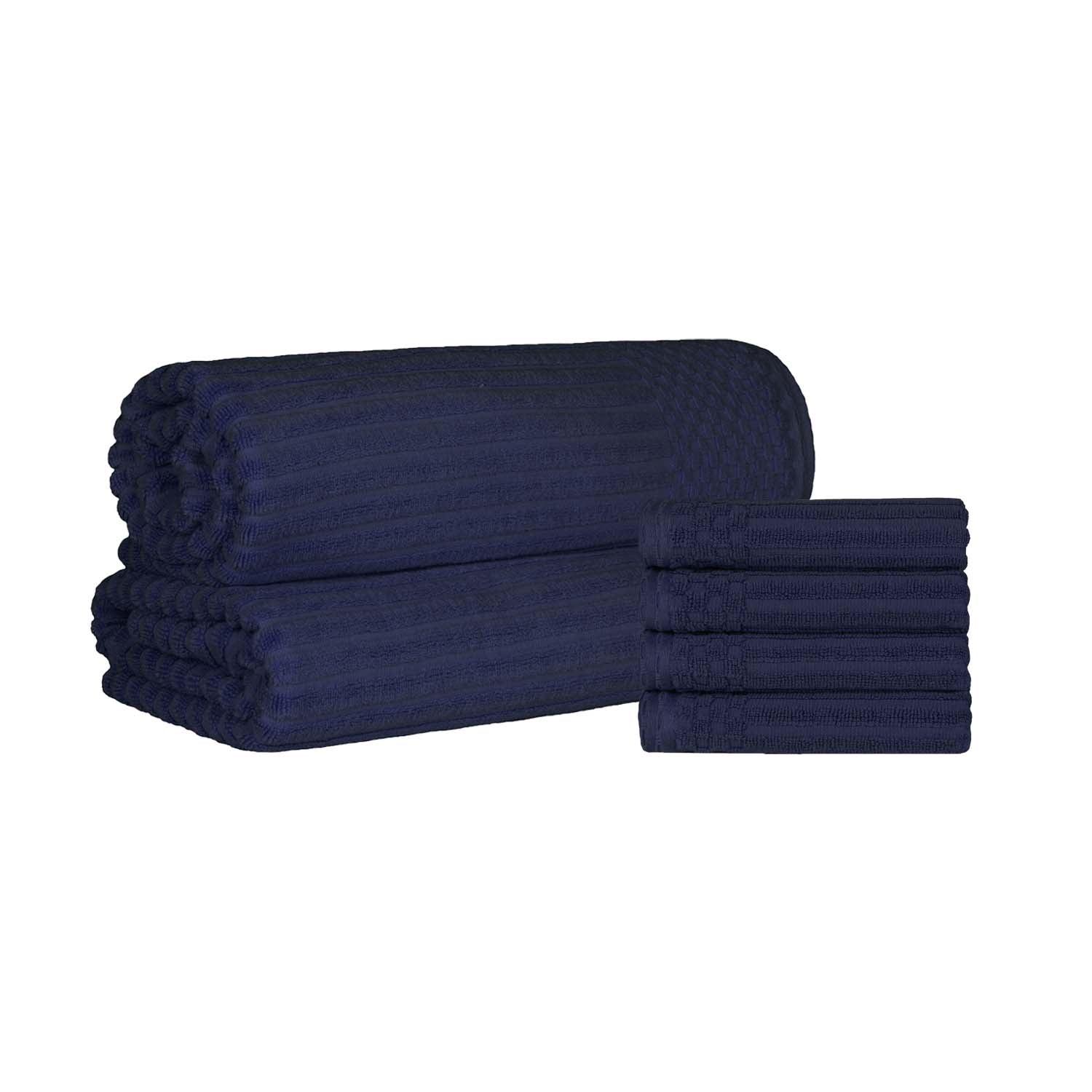  Superior Soho Ribbed Textured Cotton Ultra-Absorbent Hand Towel and Bath Sheet Set - Navy Blue