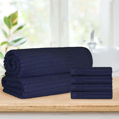 Superior Soho Ribbed Textured Cotton Ultra-Absorbent Hand Towel and Bath Sheet Set - Navy Blue