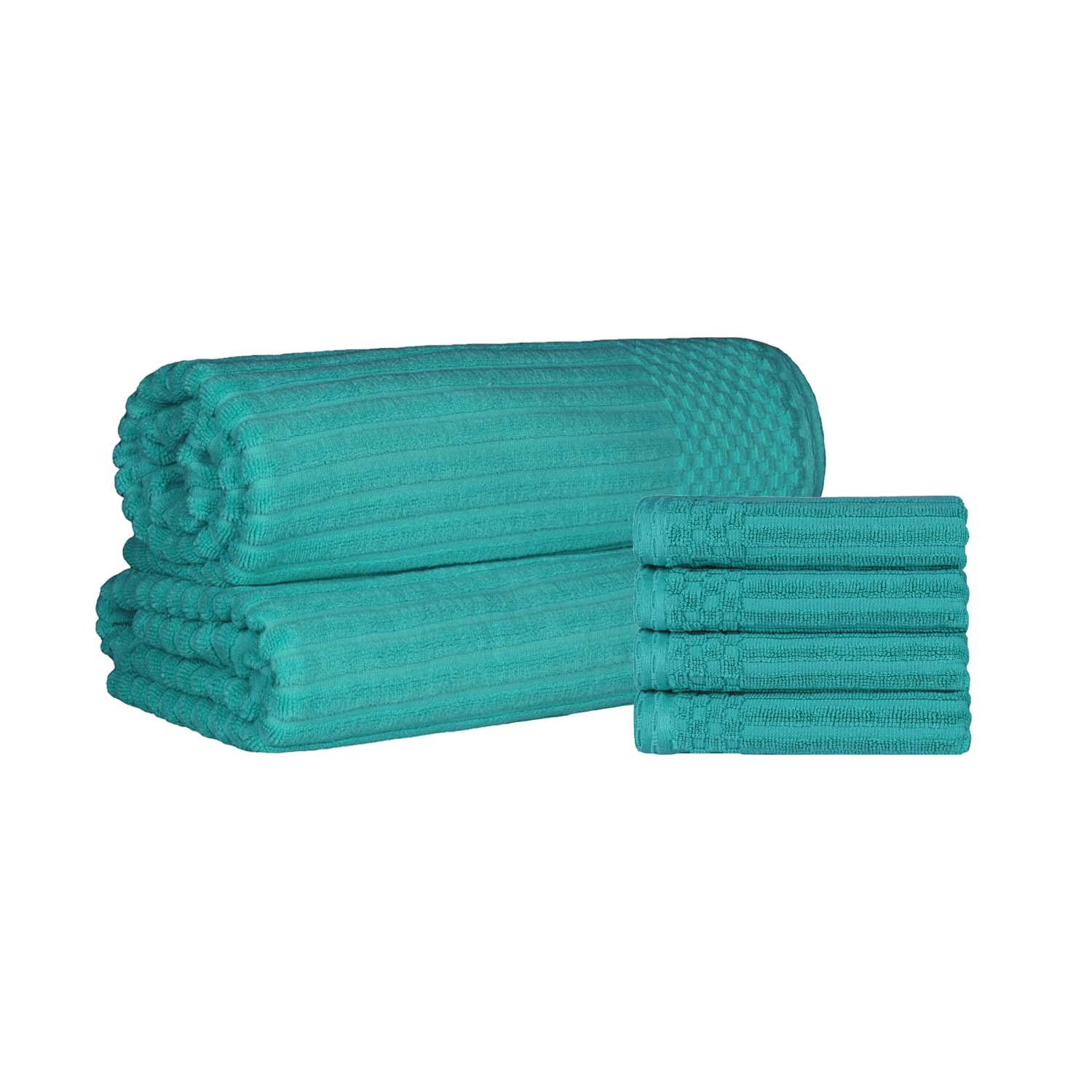  Superior Soho Ribbed Textured Cotton Ultra-Absorbent Hand Towel and Bath Sheet Set - Turquoise