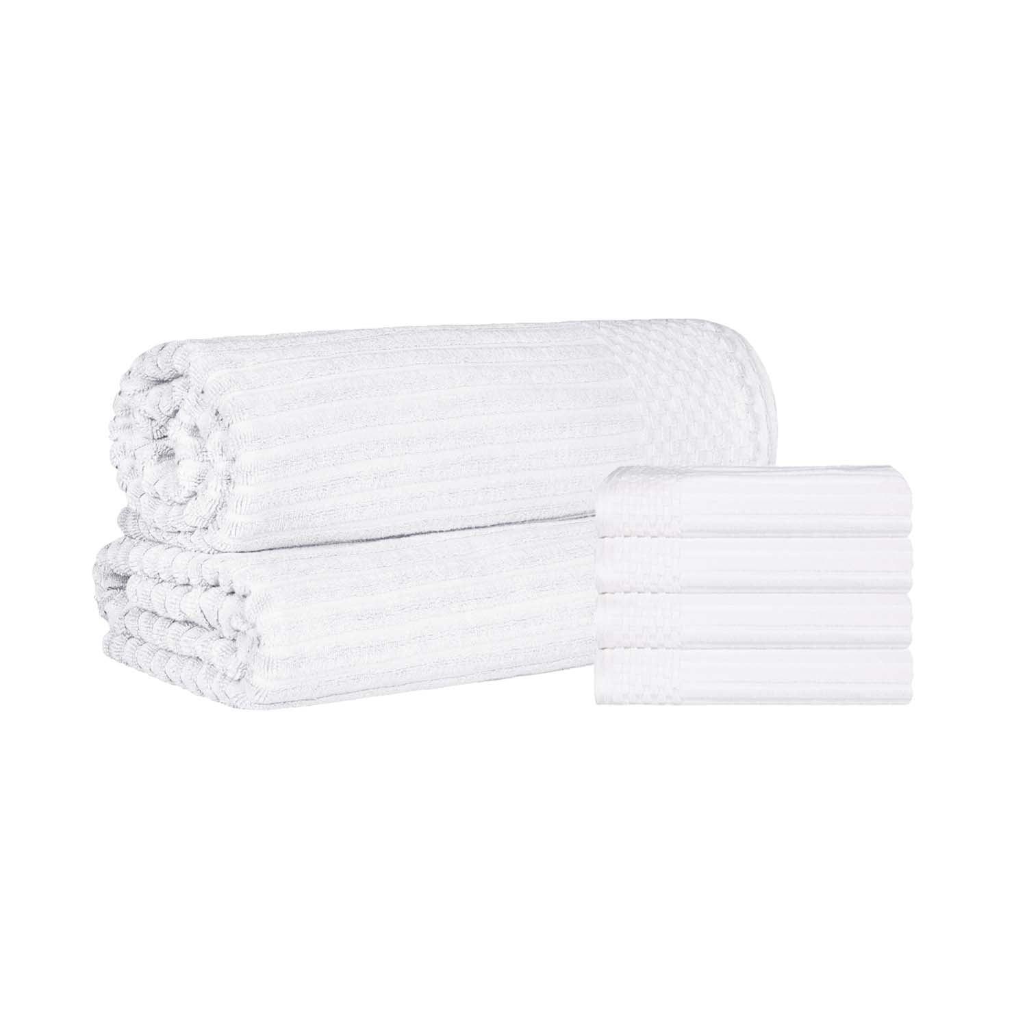  Superior Soho Ribbed Textured Cotton Ultra-Absorbent Hand Towel and Bath Sheet Set - White