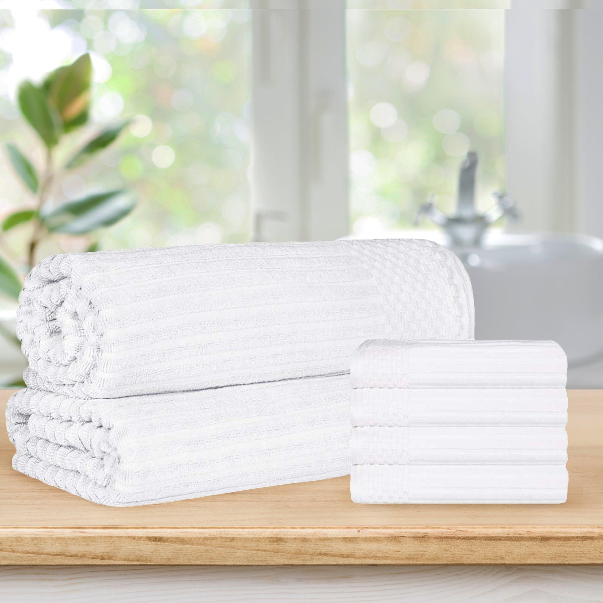  Superior Soho Ribbed Textured Cotton Ultra-Absorbent Hand Towel and Bath Sheet Set - White