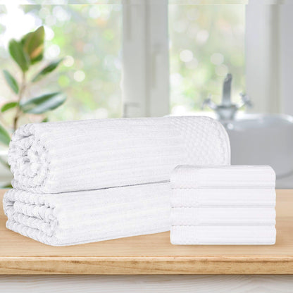  Superior Soho Ribbed Textured Cotton Ultra-Absorbent Hand Towel and Bath Sheet Set - White