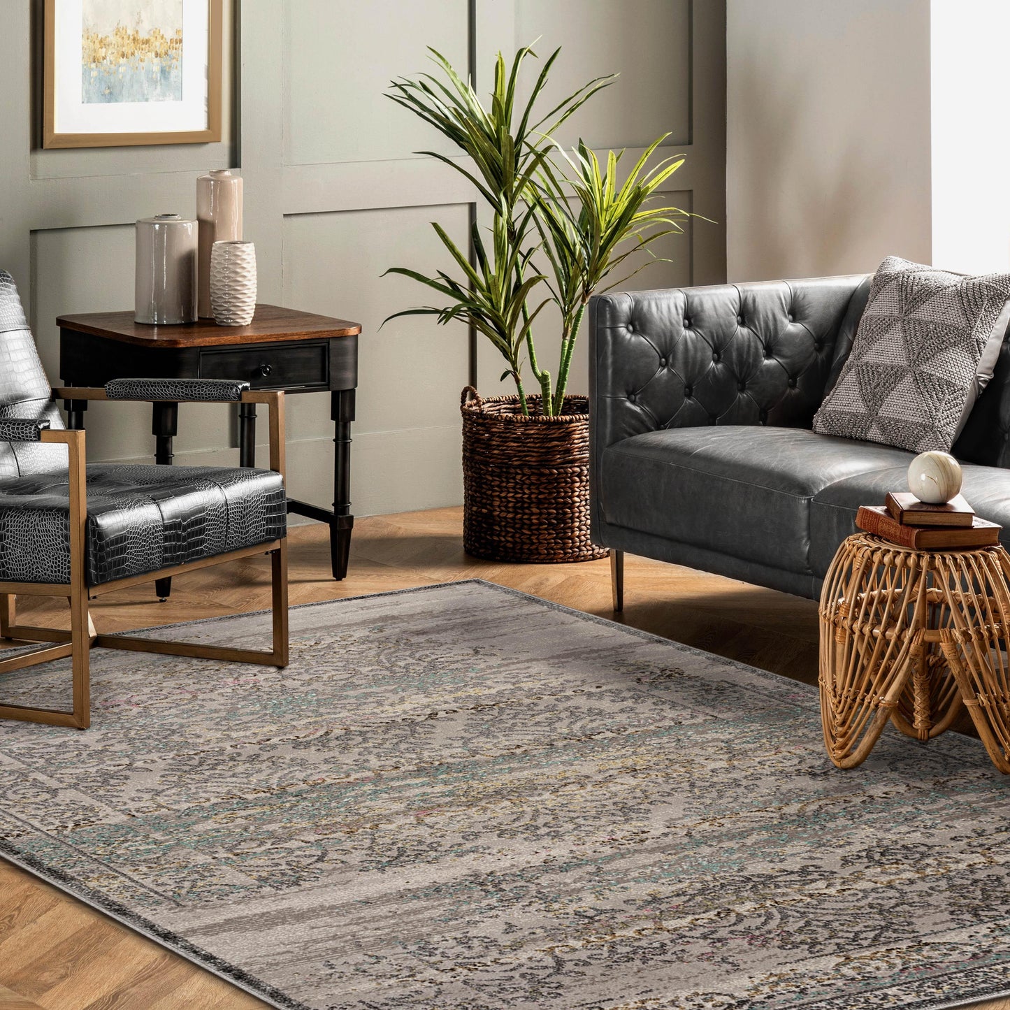 Superior Astrid Floral Filigree Faux Distressed Area or Runner Rug - Grey