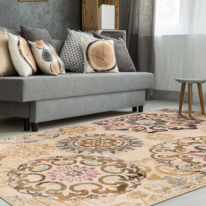 Superior Ceyone Distressed Floral Medallion Area Rug - Ivory