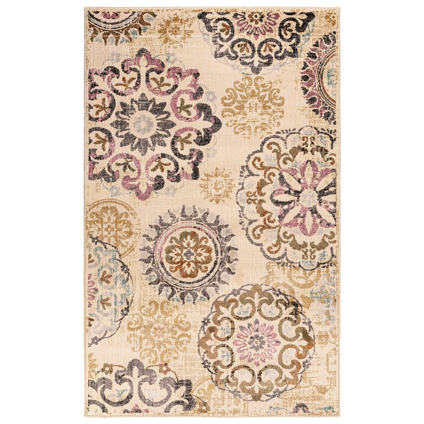 Superior Ceyone Distressed Floral Medallion Area Rug - Ivory