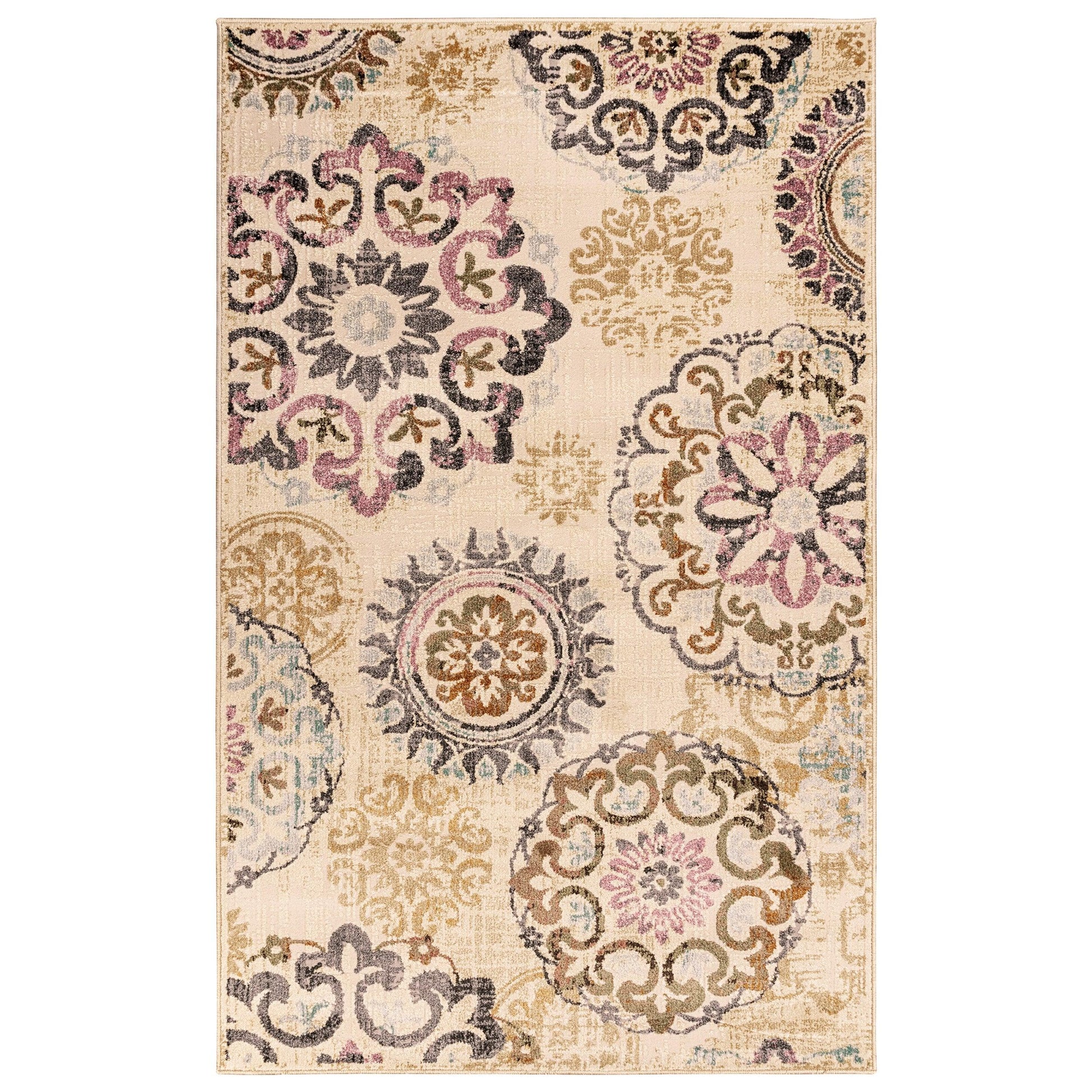 Superior Ceyone Distressed Floral Medallion Area Rug - Ivory