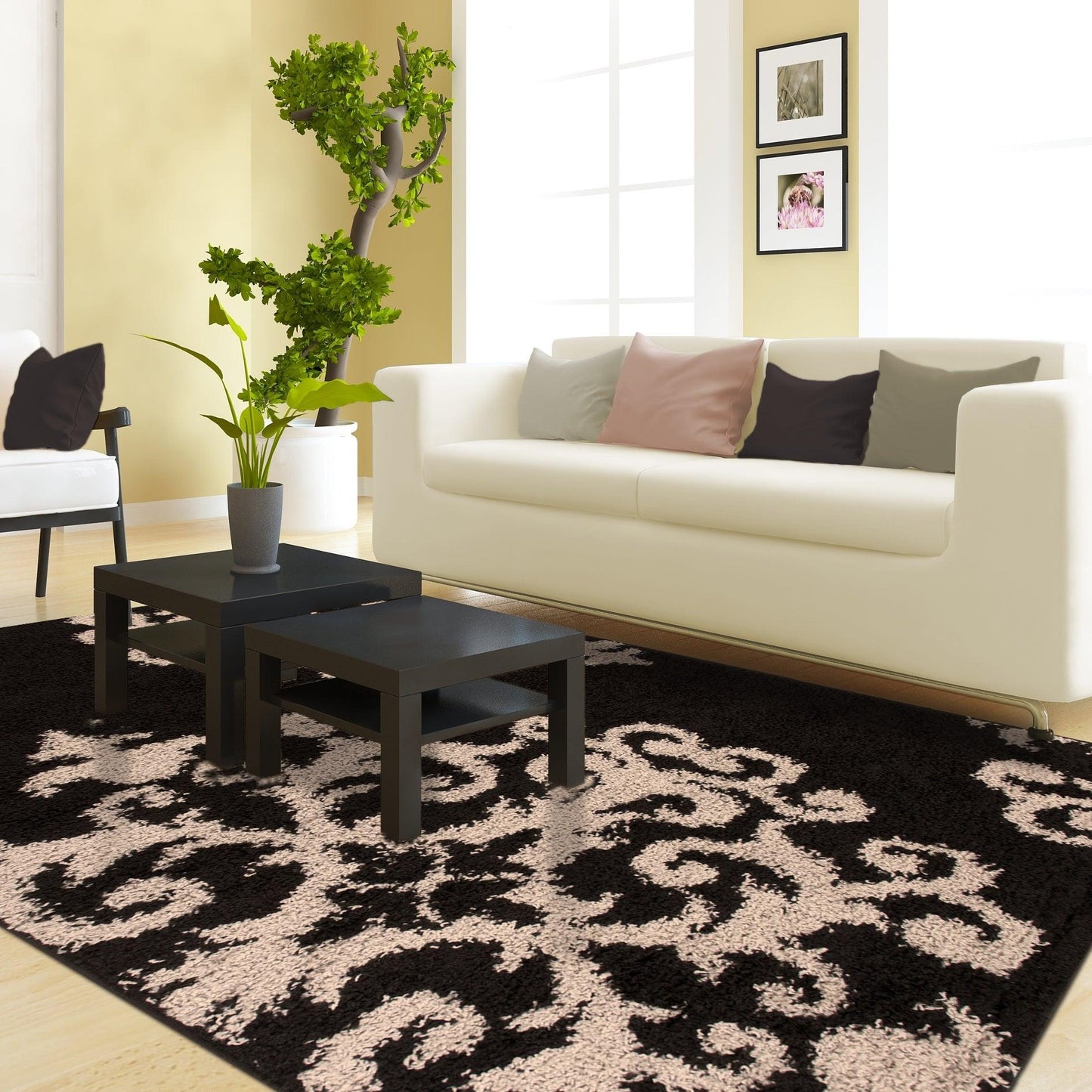 Superior Victorian Glam Floral Medallion Indoor Shag Area Rug  - Black  Charcoal