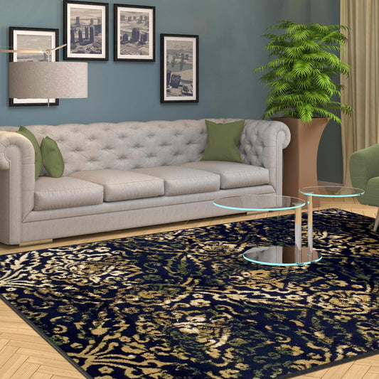 Superior Northman Damask Contemporary Area Rug - Navy Blue