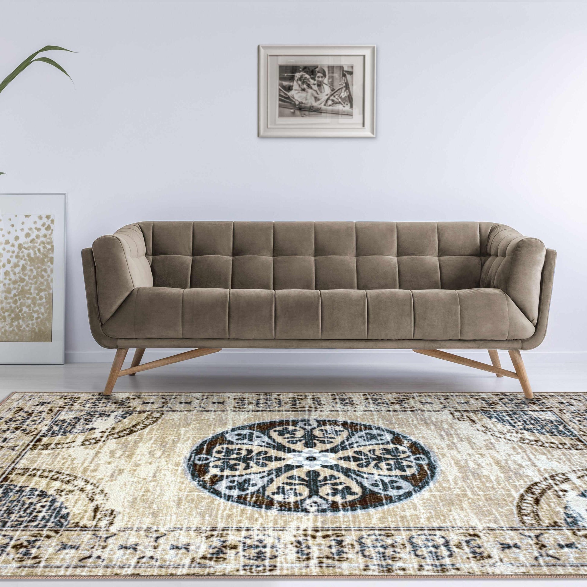 Superior Shiloh Non-Slip Distressed Medallion Indoor Washable Area Rug - Gray Cream