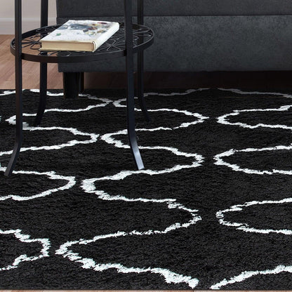  Superior Hand-Tufted Trellis Shag Area Rug - Black/Silver