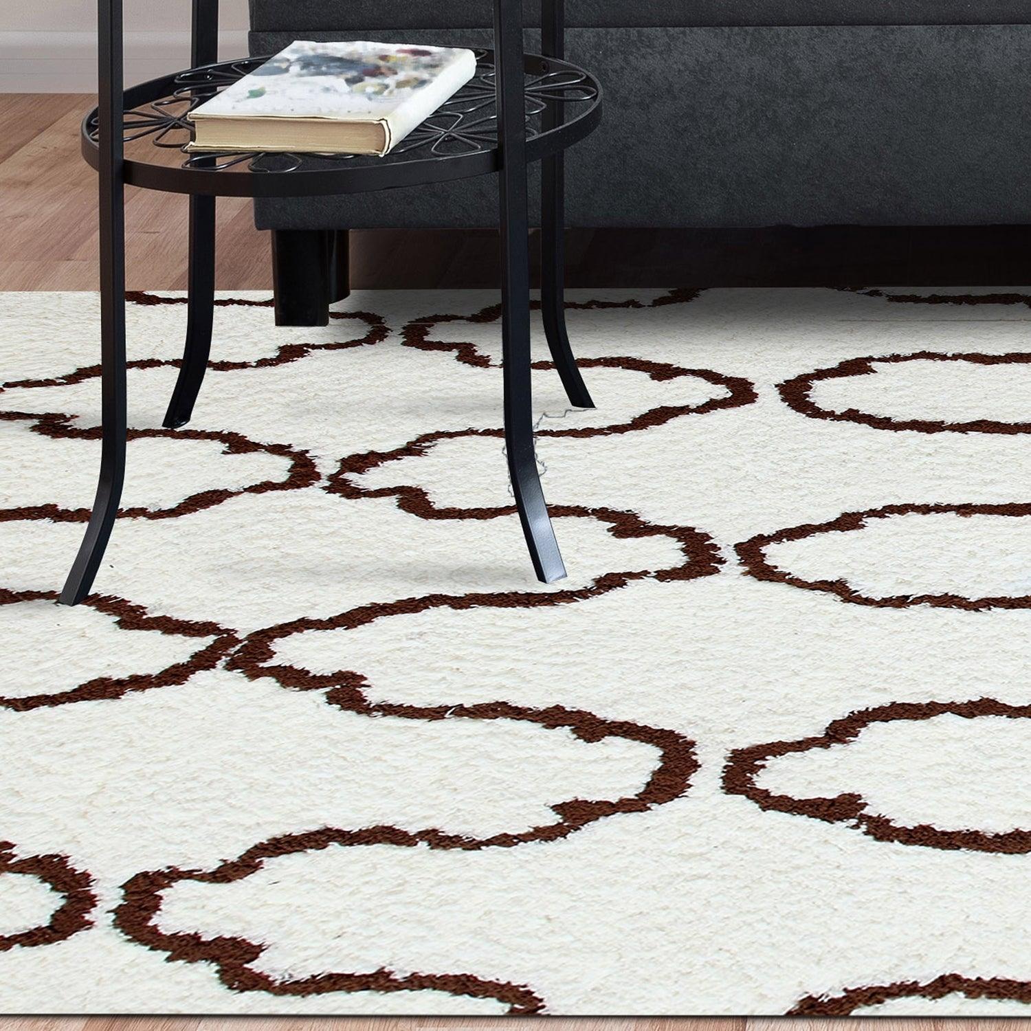  Superior Hand-Tufted Trellis Shag Area Rug - Ivory/Chocolate