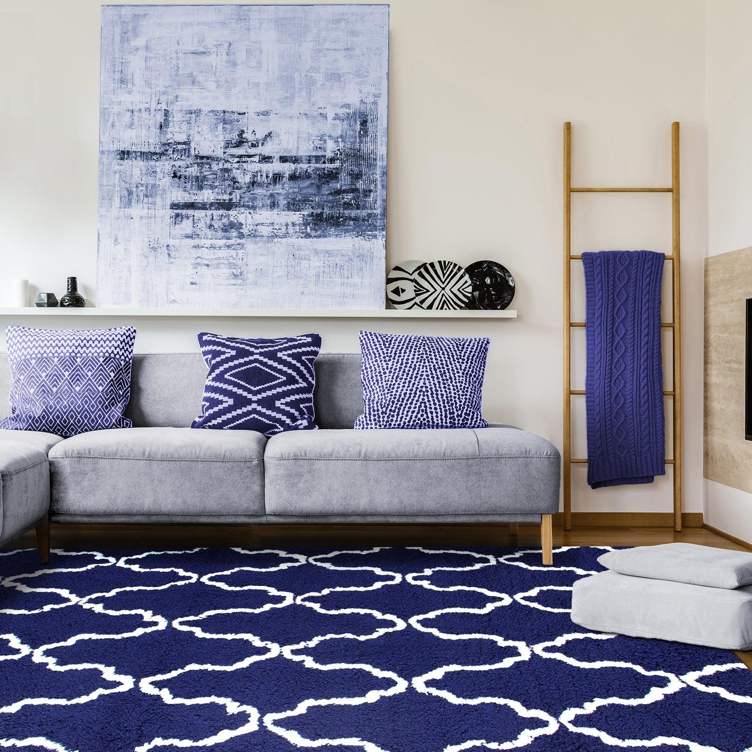  Superior Hand-Tufted Trellis Shag Area Rug - Navy Blue/White