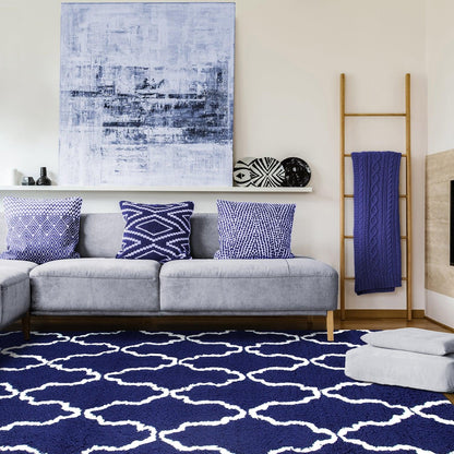  Superior Hand-Tufted Trellis Shag Area Rug - Navy Blue/White