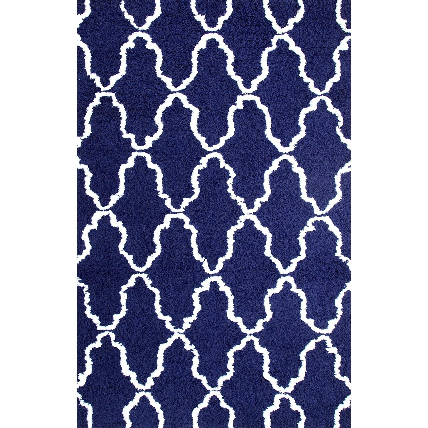  Superior Hand-Tufted Trellis Shag Area Rug - Navy Blue/White