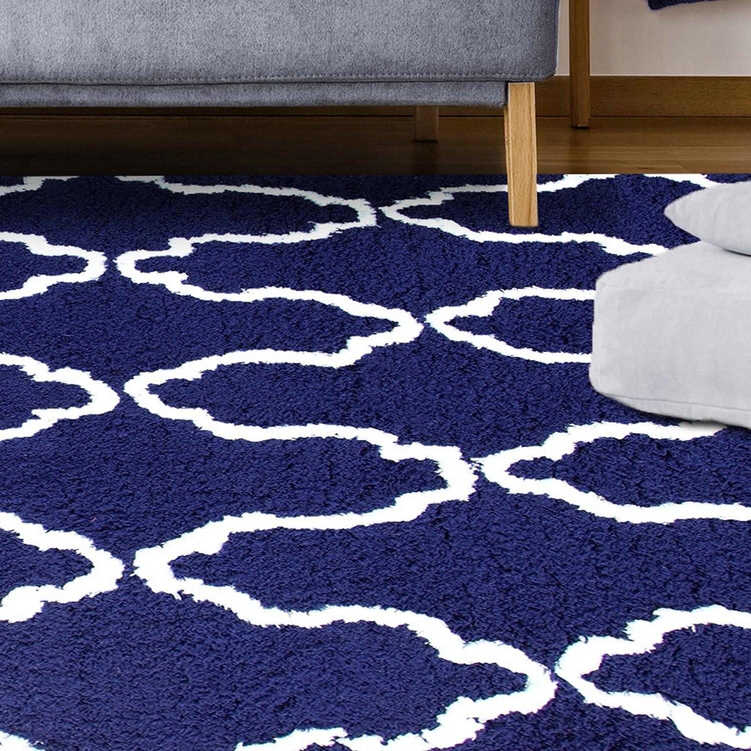  Superior Hand-Tufted Trellis Shag Area Rug - Navy Blue/White