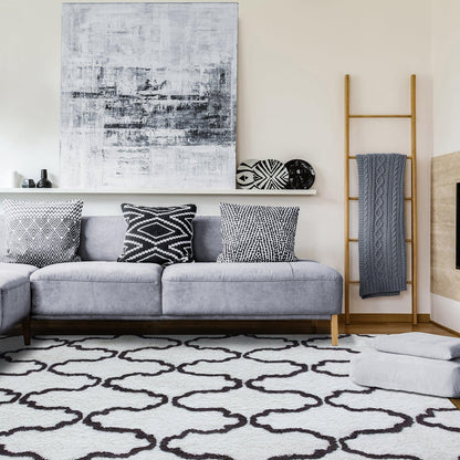  Superior Hand-Tufted Trellis Shag Area Rug - White/Grey