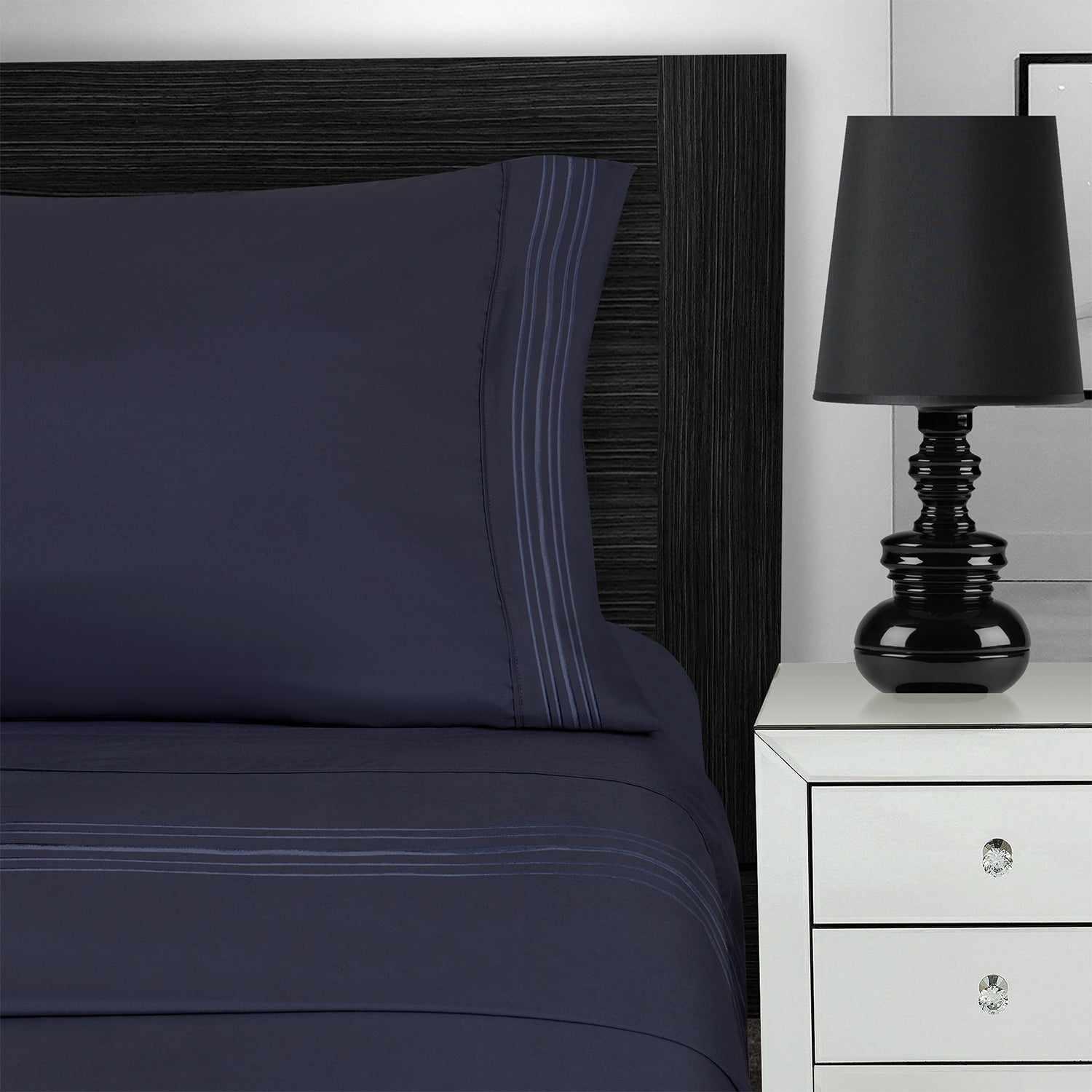  Superior 5 Embroidered Lines Wrinkle Resistant Microfiber Deep Pocket Sheet Set - Navy Blue