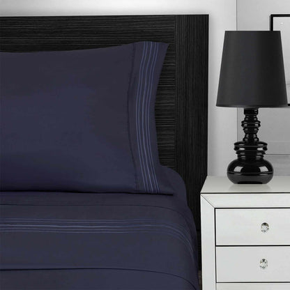  Superior 5 Embroidered Lines Wrinkle Resistant Microfiber Deep Pocket Sheet Set - Navy Blue
