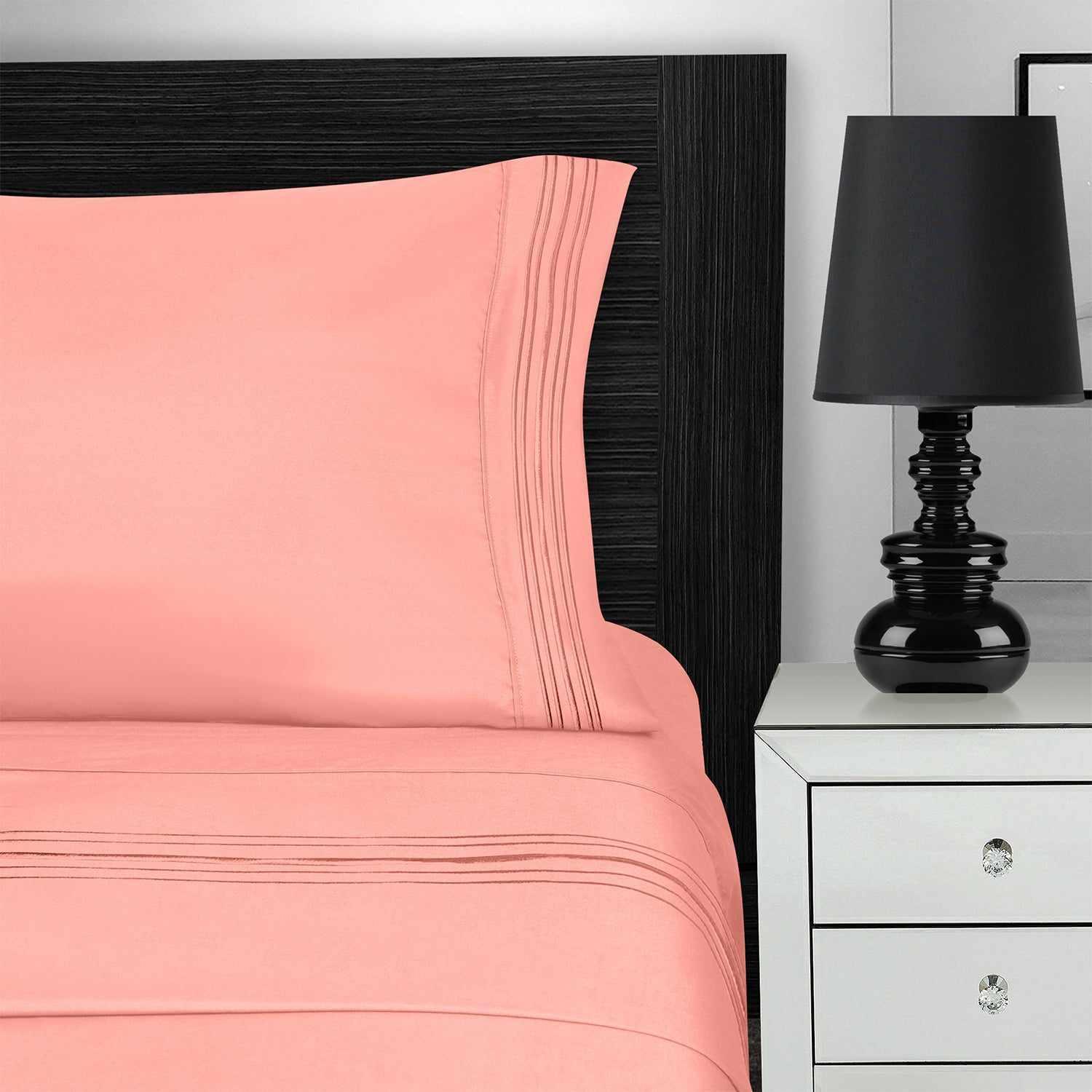  Superior 5 Embroidered Lines Wrinkle Resistant Microfiber Deep Pocket Sheet Set - Peach