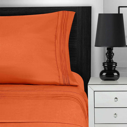  Superior 5 Embroidered Lines Wrinkle Resistant Microfiber Deep Pocket Sheet Set - Pumpkin