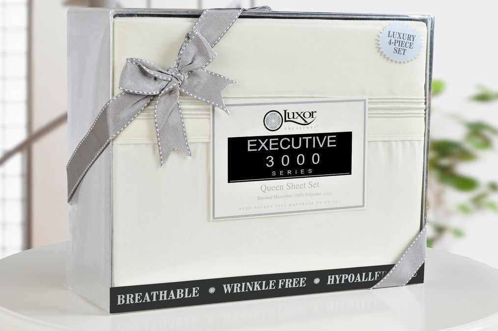 Superior 5 Embroidered Lines Wrinkle Resistant Microfiber Deep Pocket Sheet Set - Ivory