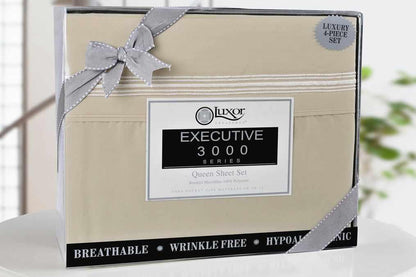 Superior 5 Embroidered Lines Wrinkle Resistant Microfiber Deep Pocket Sheet Set - Tan