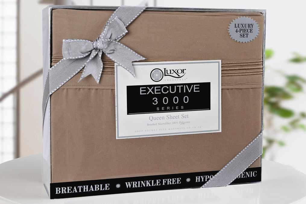 Superior 5 Embroidered Lines Wrinkle Resistant Microfiber Deep Pocket Sheet Set - Taupe