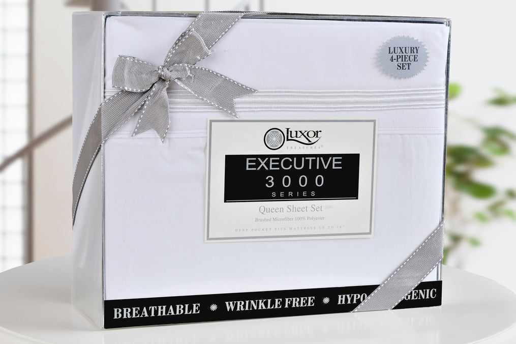 Superior 5 Embroidered Lines Wrinkle Resistant Microfiber Deep Pocket Sheet Set - White