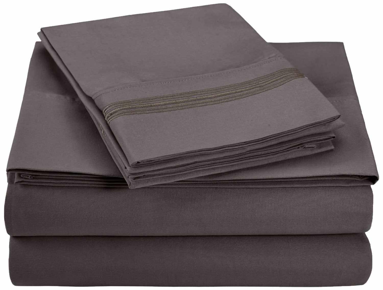 Superior 5 Embroidered Lines Wrinkle Resistant Microfiber Deep Pocket Sheet Set - Charcoal
