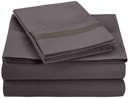 Superior 5 Embroidered Lines Wrinkle Resistant Microfiber Deep Pocket Sheet Set - Charcoal