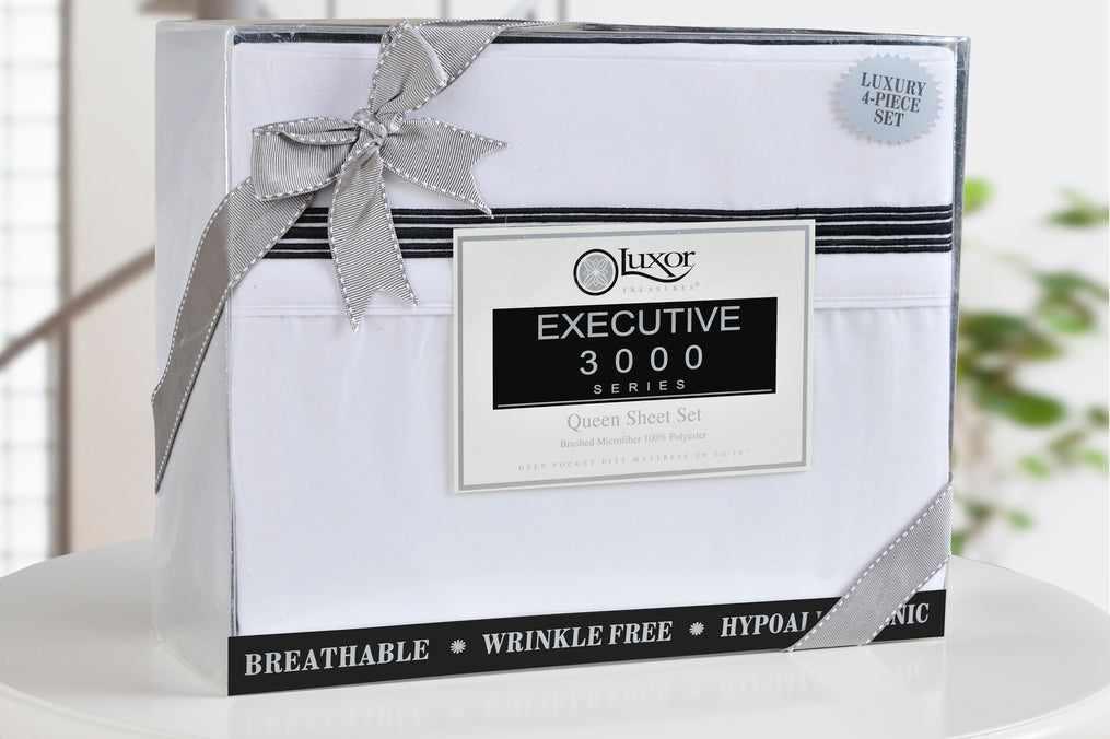 Superior 5 Embroidered Lines Wrinkle Resistant Microfiber Deep Pocket Sheet Set - White/Black