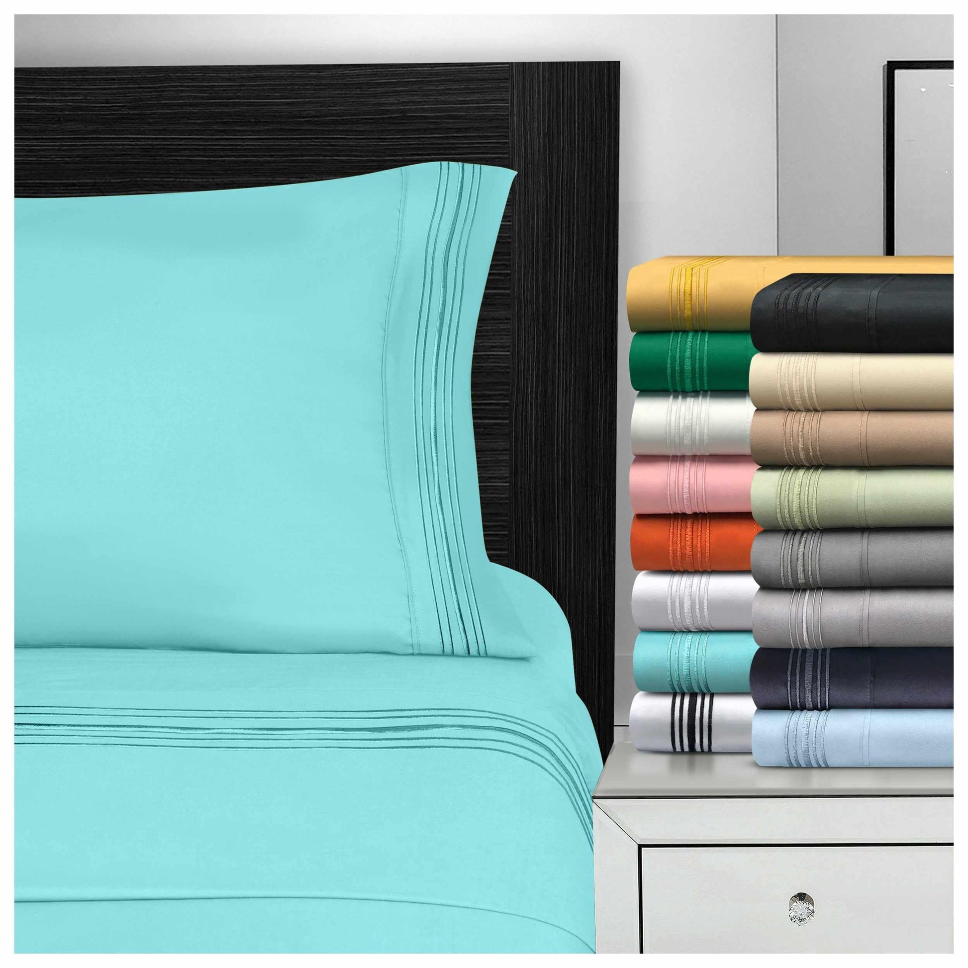  Superior 5 Embroidered Lines Wrinkle Resistant Microfiber Deep Pocket Sheet Set - Black