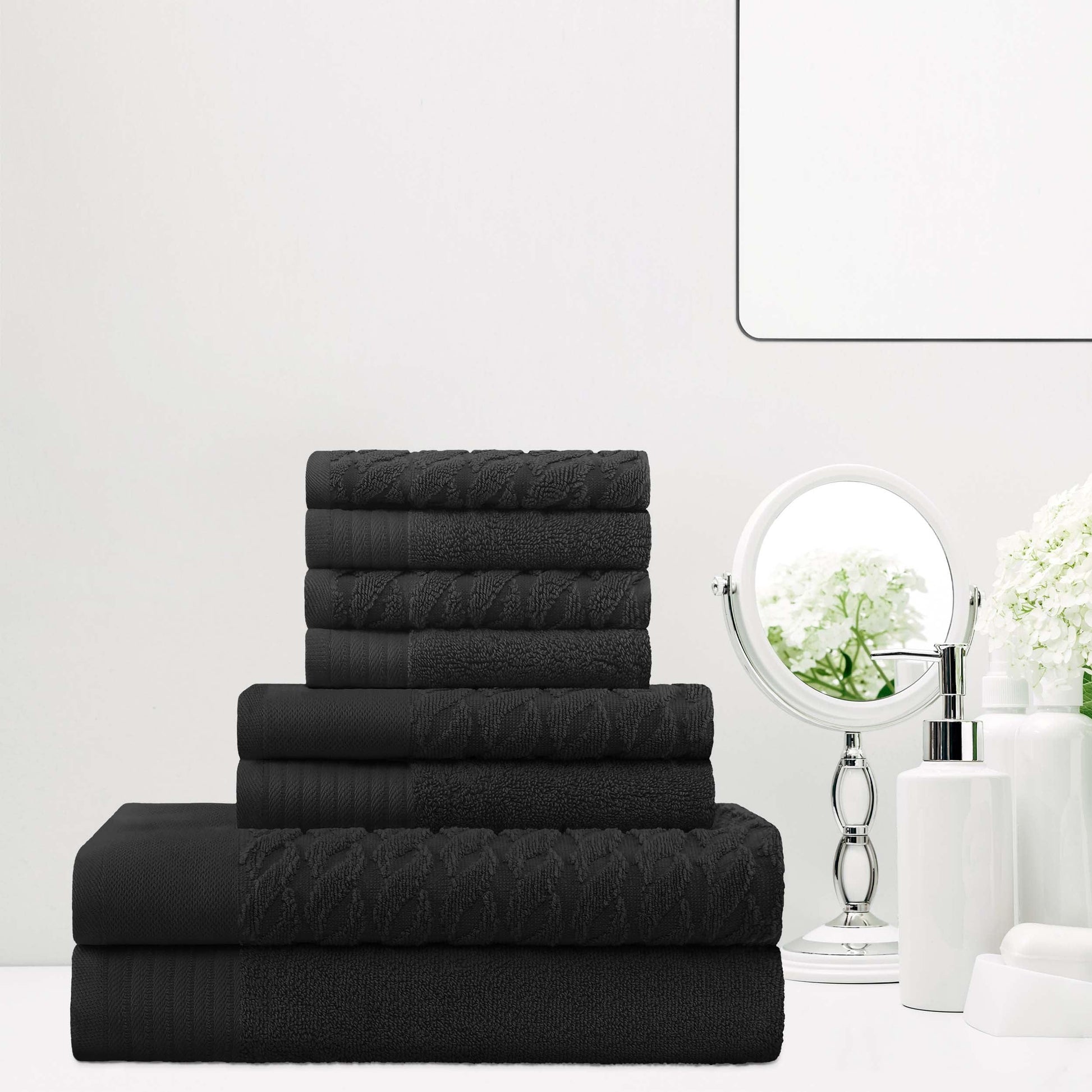 Premium Turkish Cotton Jacquard Herringbone and Solid 8-Piece Towel Set - Black