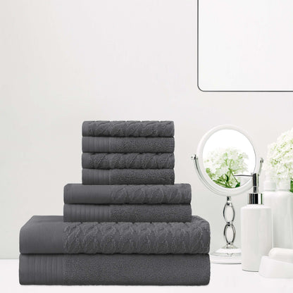 Premium Turkish Cotton Jacquard Herringbone and Solid 8-Piece Towel Set - Grey