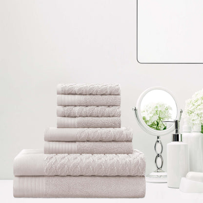 Premium Turkish Cotton Jacquard Herringbone and Solid 8-Piece Towel Set - Ivory