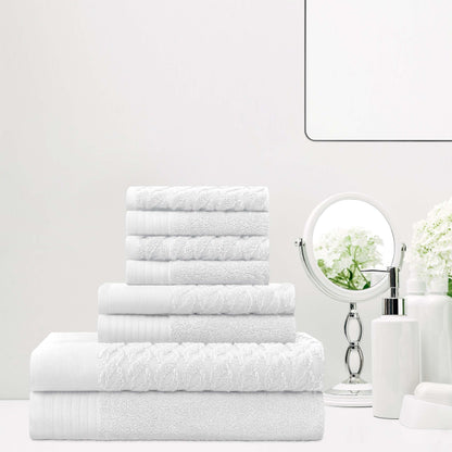 Premium Turkish Cotton Jacquard Herringbone and Solid 8-Piece Towel Set -  White